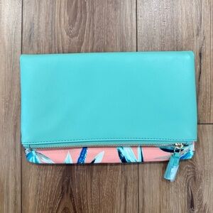 Rachel Pally Teal Reversible Foldover Vegan Leather Clutch Tropical Lined